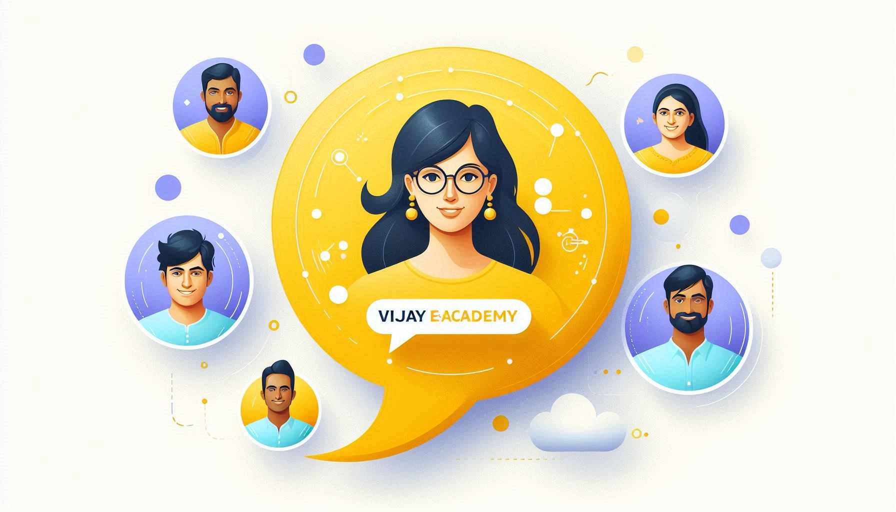 The main focus is the yellow logo with Vijay e-Academy written on it. The shape is like a speech b